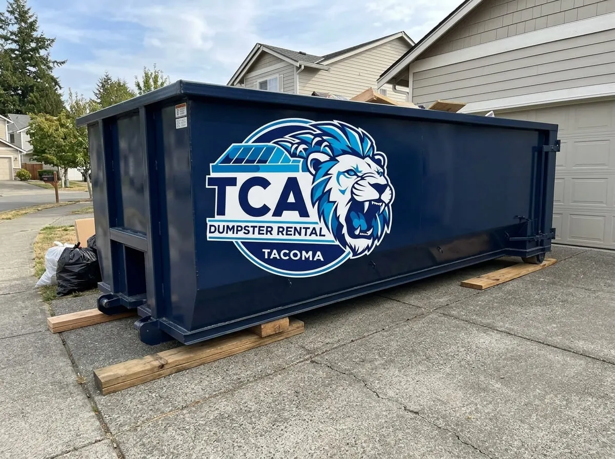 TCA Dumpster Rental crew standing with a roll-off truck and 30 yard dumpster in a Tacoma, WA driveway TCA Dumpster Rental crew standing with a roll-off truck and 30 yard dumpster in a Tacoma, WA driveway
