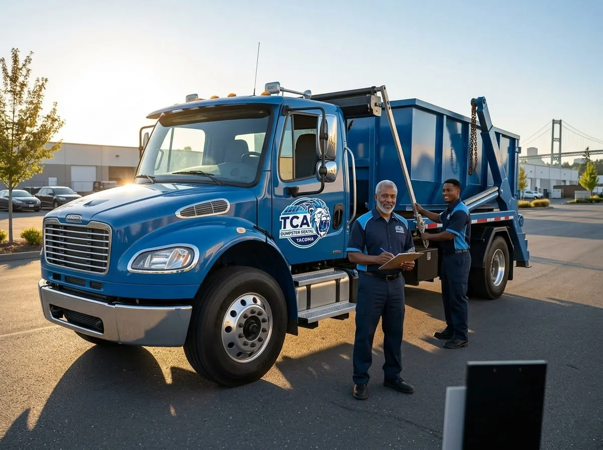 TCA Dumpster Rental team in high-visibility vests at the Tacoma yard TCA Dumpster Rental team in high-visibility vests at the Tacoma yard